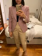 Houndstooth Blazer Jacket Buttons Classic Double-Breasted Womens High-Street Metal Newest