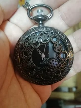 Steampunk, antigua de cobre, hueco, de cuarzo, de bolsillo, collar, colgante, reloj, cadena, hombre y mujer