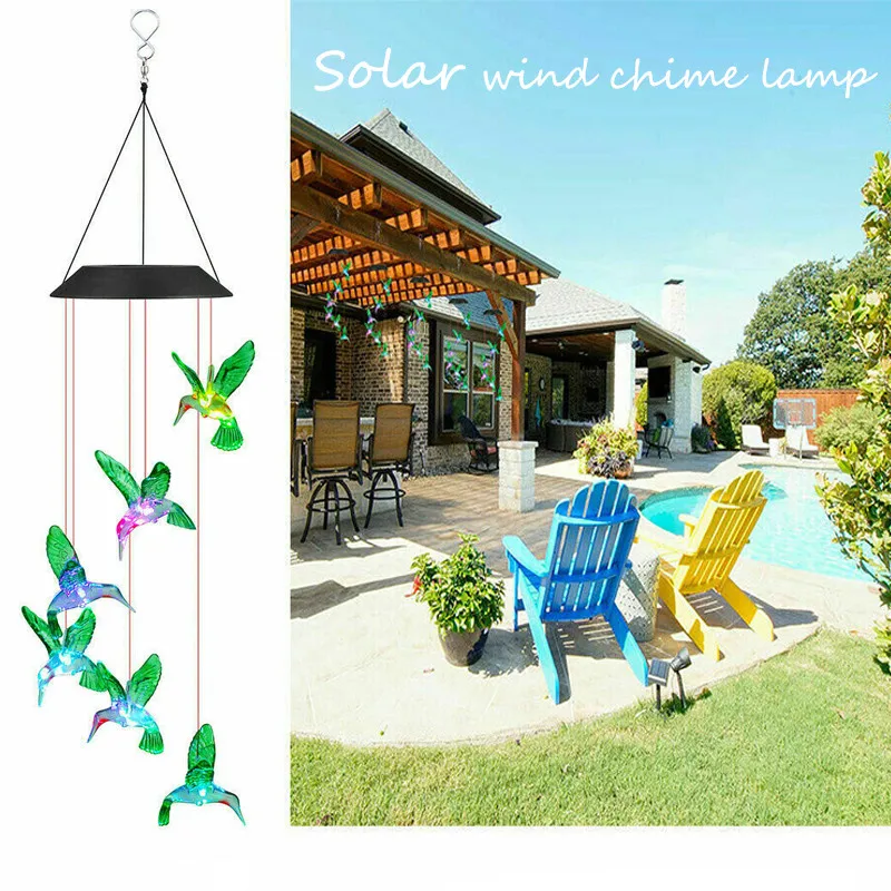 

LED Solar Hummingbird Wind Chimes Changing Color Waterproof Outdoor Hanging Solar Powered String Lights Yard Patio Garden Decor