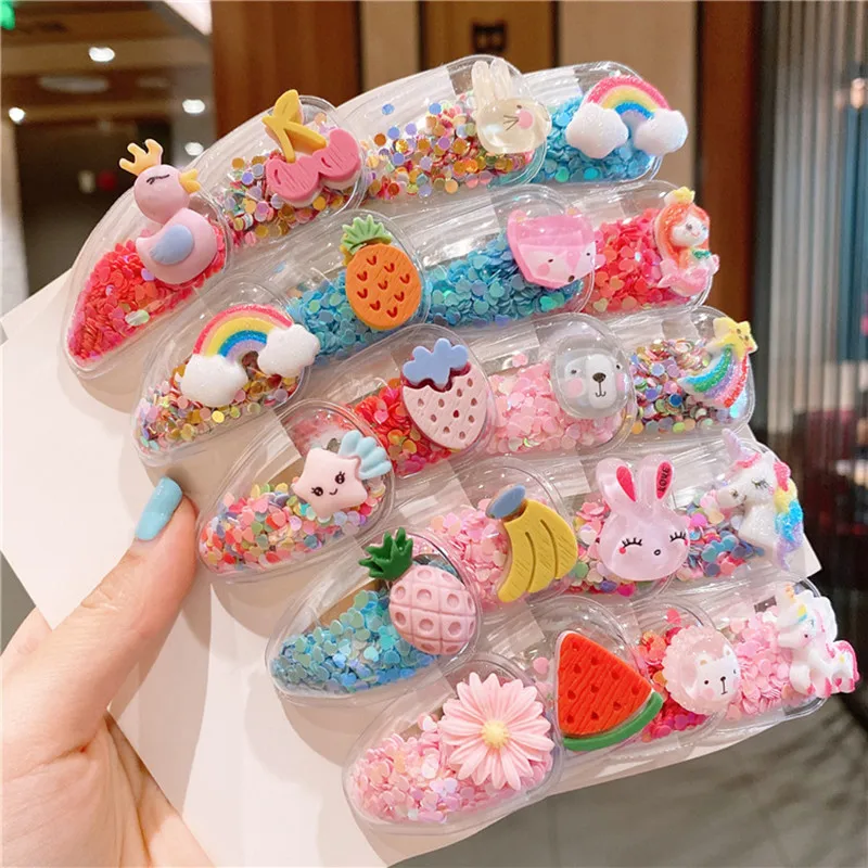 

10PCS/Set Girls Cute Cartoon Rabbit Radish Flower BB Hair Clip Accessories Kids Princess Color Quicksand Transparent PVC Hairpin