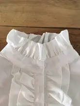Blusas victorianas de oficina para mujer, camisa blanca de cuello alto con volantes, camisas con puños con volante