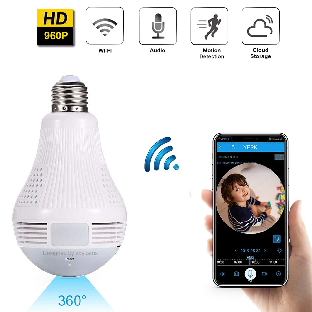 360° Panoramic 960P SPY Hidden wifi Camera Light Bulb Home Security IP CAM Lamp