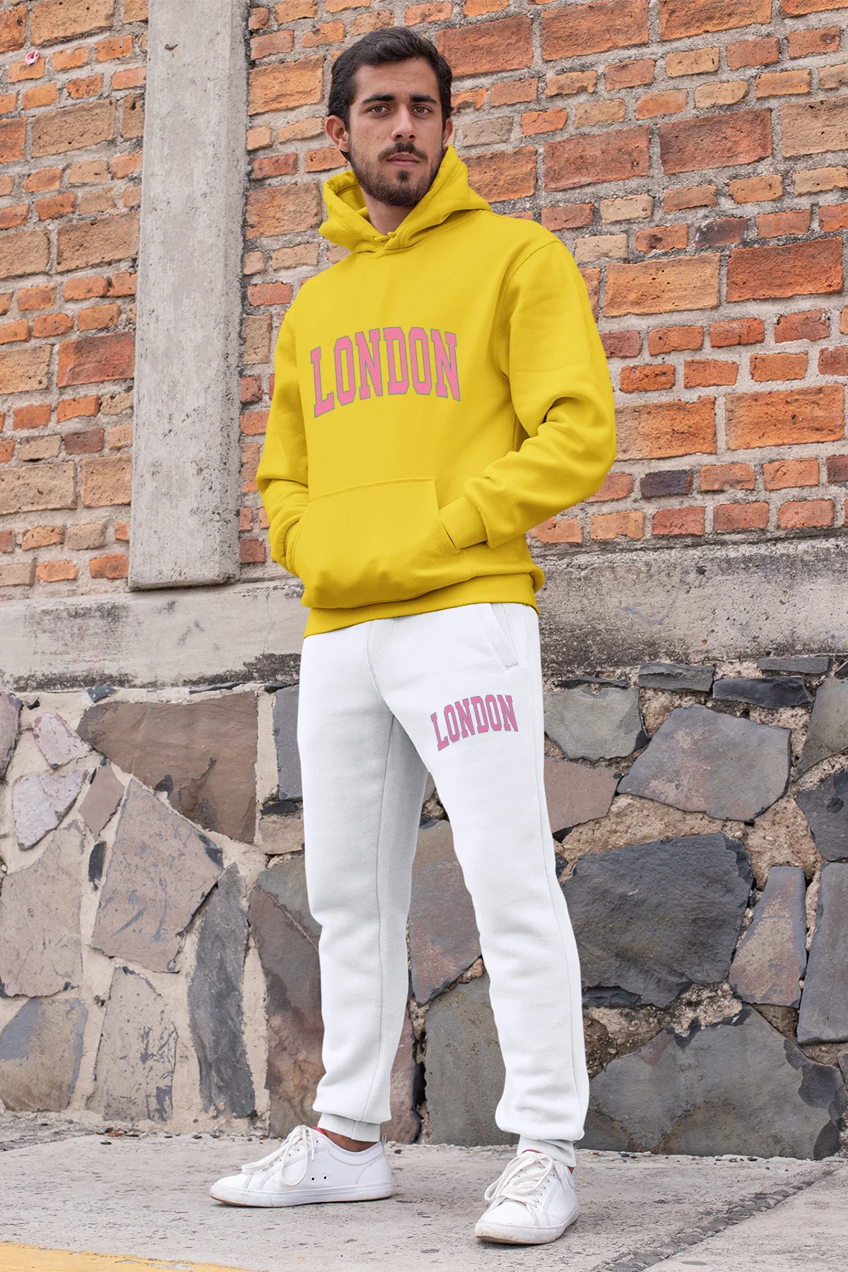 Angemiel Wear Pink Color London Men 'S Tracksuit Set Yellow Hooded Sweatshirt White Sweatpants | Мужская одежда