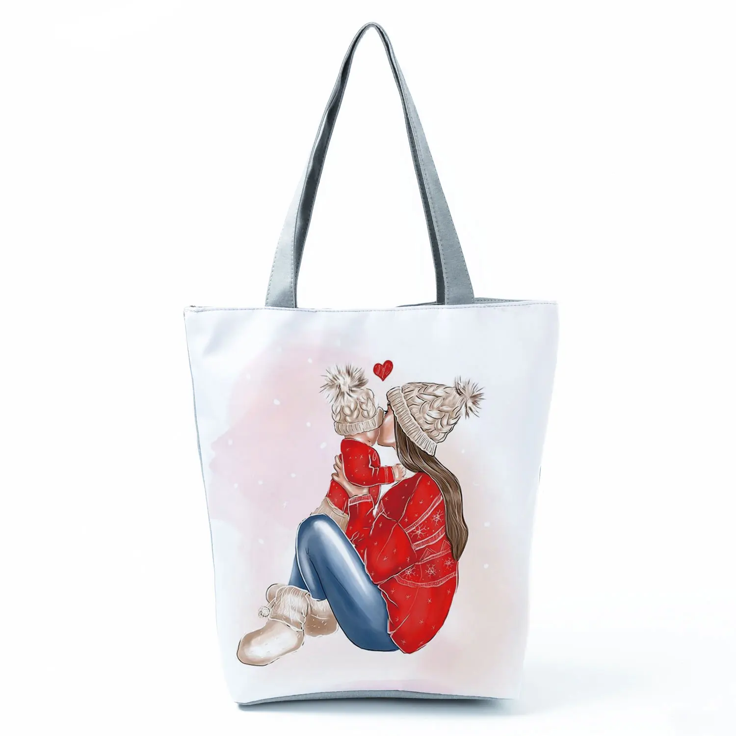 Cute Cartoon Super Mama Print Linen Tote Bag Reusable Shoulder Bags Mom And Baby Fold Women Casual Handbags Lady Fabric Totes