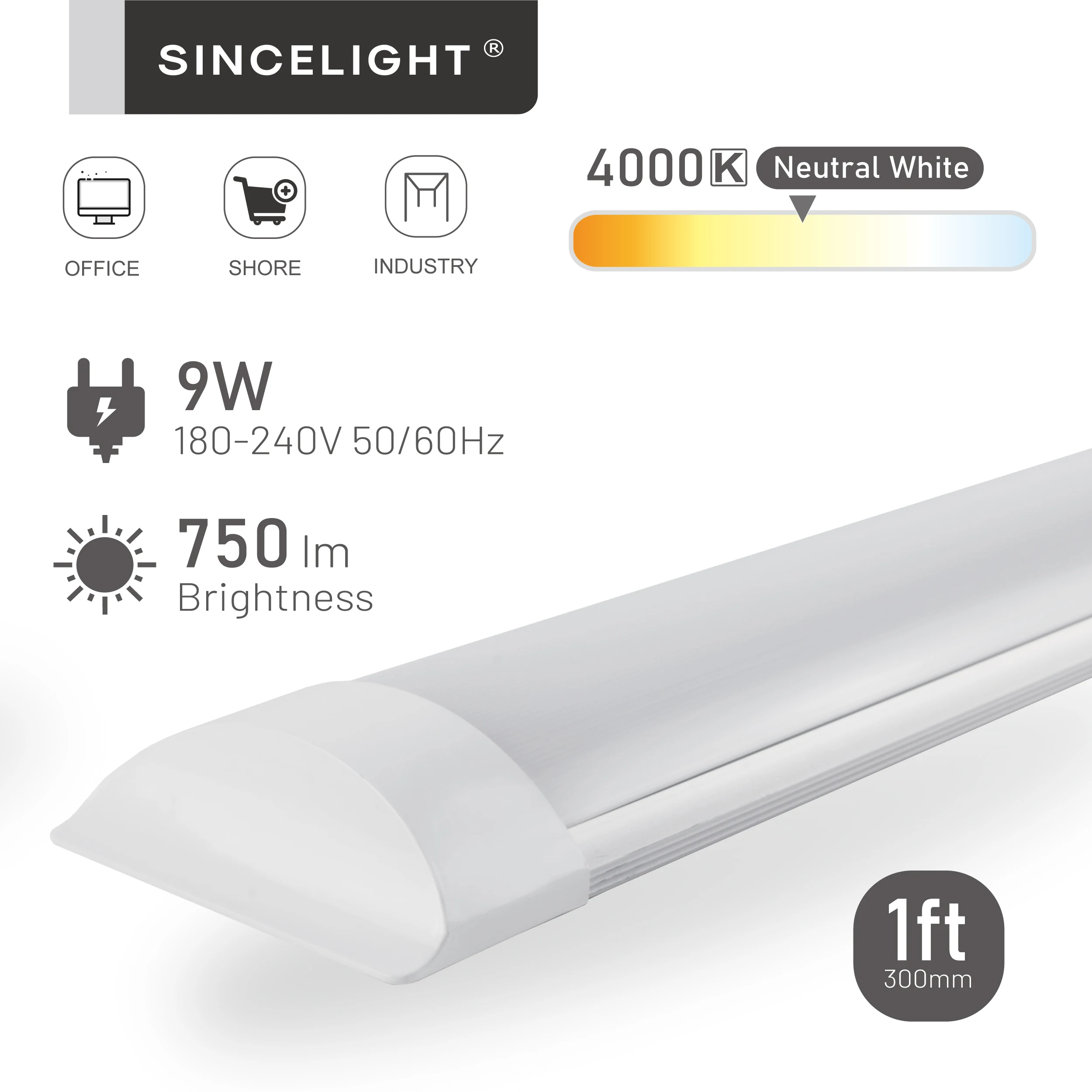 

Pack of2, LED Batten Light 1ft(30cm), 9W Integrated Linear Tube, Ceiling or Wall Mount for Kitchen,Garage,Workshop,Bathroom