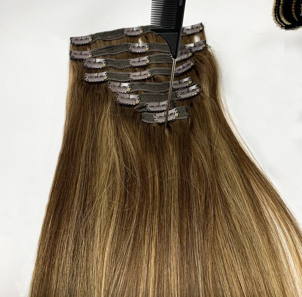 Hair Extensions P4/27 straight Clip In Human Hair Extensions 100g/set straight Clip In Full Head Brazilian Hair Extension for Women