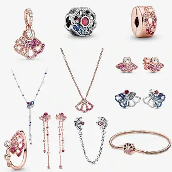 

2020 New High Quality Light Blue Pink Folding Fan Set Series Female Original Diy Fashion Exquisite Bracelet Necklace Accessories