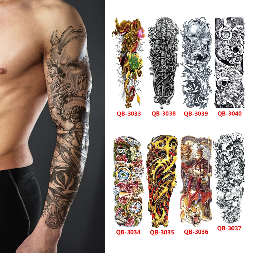 Prix Tatouage Bras Complet Homme Faux tatouages de bras complet pour hommes, tatouage temporaire étanche,  autocollant de manche de grande taille, transfert de squelette au henné,  outils de maquillage | AliExpress