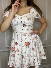 White Dress Clothing Short Puff-Sleeve Flower-Print Zipper Southpire Elegant Summer Womens