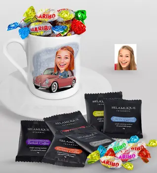 

Personalized Women 'S Drive Caricature Of Turkish Coffee Cup Selamlique Mixed Turkish Coffee house And Haribo Candy Gift Seti-1