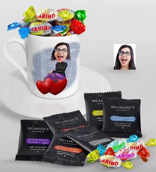 

Personalized Women 'S Caricature Of Turkish Coffee Cup Selamlique Mixed Turkish Coffee house And Haribo Candy Gift Seti-2