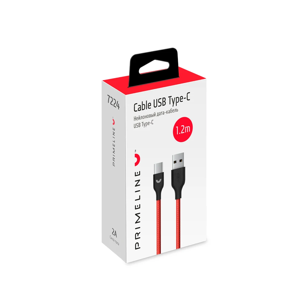 Дата-кабель USB- USB Type-C, нейлон, 1.2м, красный, Prime Line