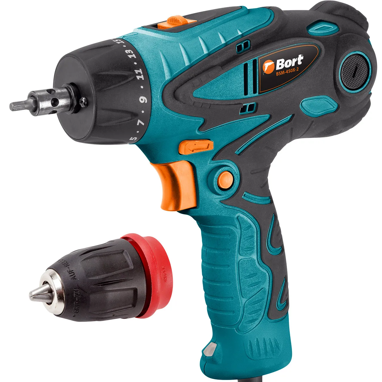 Дрель-шуруповерт электрический Bort BSM-450X2(2 скорости, съемный патрон, крутящий момент 35Нм, быстрая замена щеток