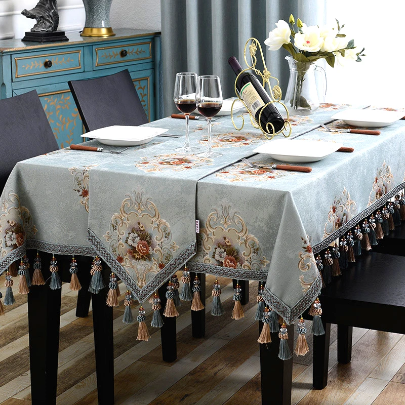 

Luxury Tablecloth With Tassel Embroidered Rectangular Table Cloth Wedding Banquet Jacquard Table Cover European Table Runner
