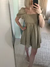 Ladies Dress Puff-Sleeve Square Collar Linen Khaki Vintage High-Waist Casual Summer Women