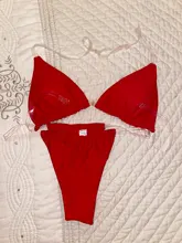 Nuevo verano Mujer tiras transparentes de cuello Halter sólida de Micro Tanga Set de Sujetador Bikini Sexy Tanga Push up traje de baño