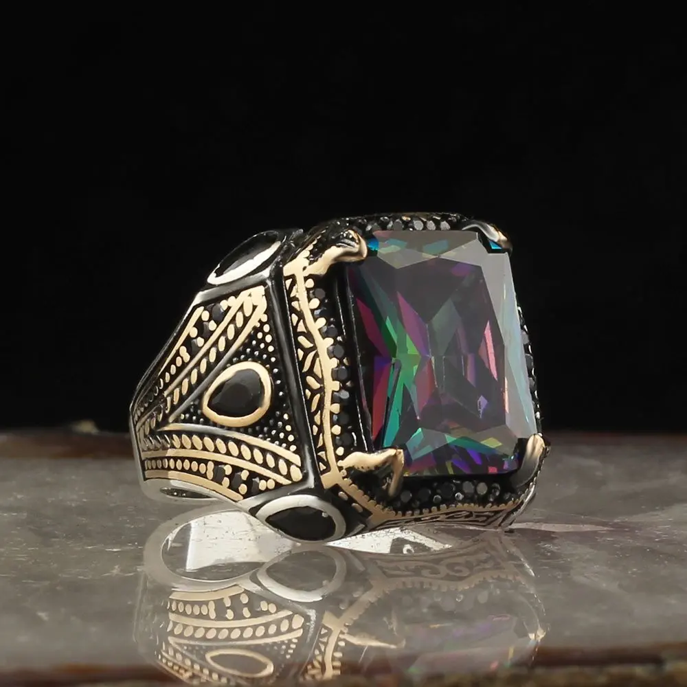 Free Shipping Mystic Topaz Stone Pattern 925 Sterling Silver Men 'S Ring For Men, Gift Jewelry, made in Turkey, Vintage 2022 Fashion