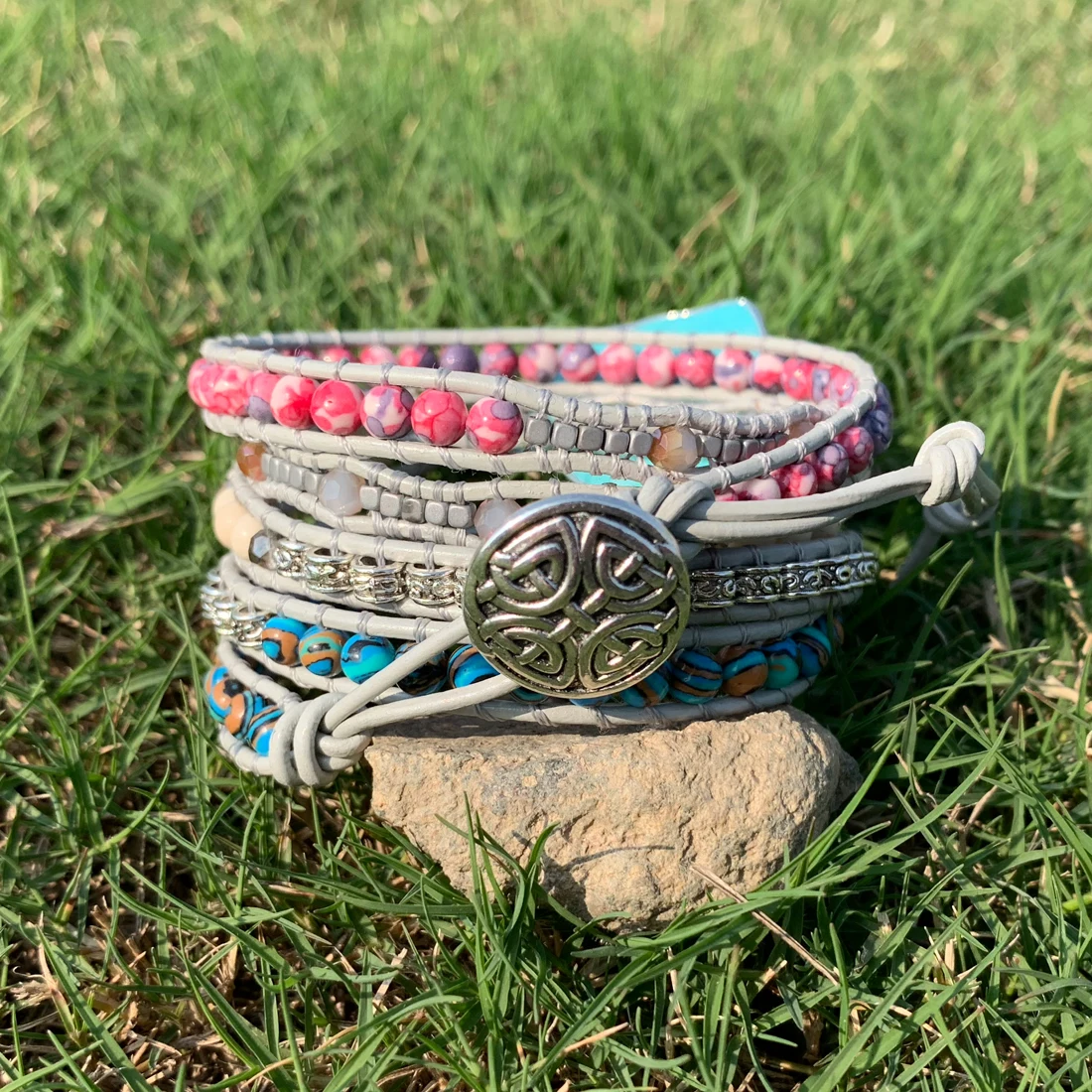 5X Leather Wrap Bracelet W/ Natural Stones Chain Beaded Strand Bracelet Boho Jewelry Dropshipping Wholesale