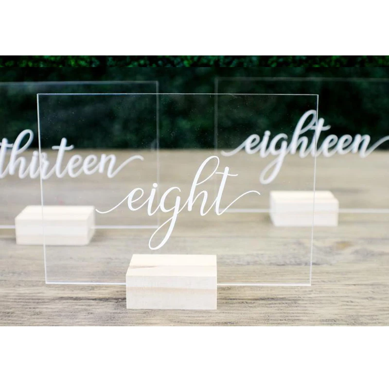 

Wedding Table Numbers with Holders Clear Acrylic Calligraphy Acrylic Number Wedding Signage Rustic Clear Wood Table Number Stand