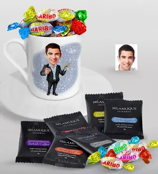 

Personalized Mr Banker Caricature Of Turkish Coffee Cup Selamlique Mixed Turkish Coffee house And Haribo Candy Gift Seti-1