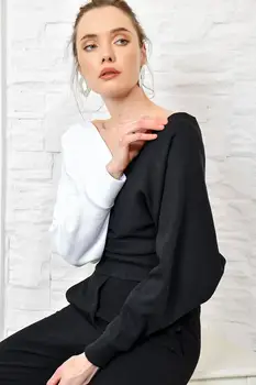 

Trend Alacati Style Women Black-White Front Back Double Breasted Blouse ALC-Y2959-C