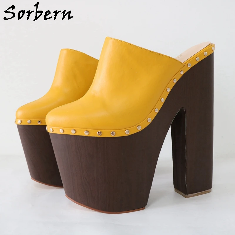 Sorbern 생강 옐로우 펌프 신발 24cm 여성 뮬 리벳 펑크 나 막 신 블록 나무 스타일 와이드 힐 Uni구두 두꺼운 플랫폼