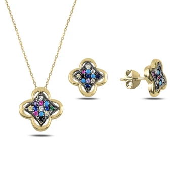 

Kutaydan Mixed Color Zircon Gemstone Clover 925 Sterling Silver Set Made in Turkey