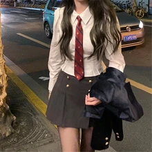 Saia curta vestido feminino define escola irmã preppy estilo manga longa plissado lapela jk estilo japonês wear