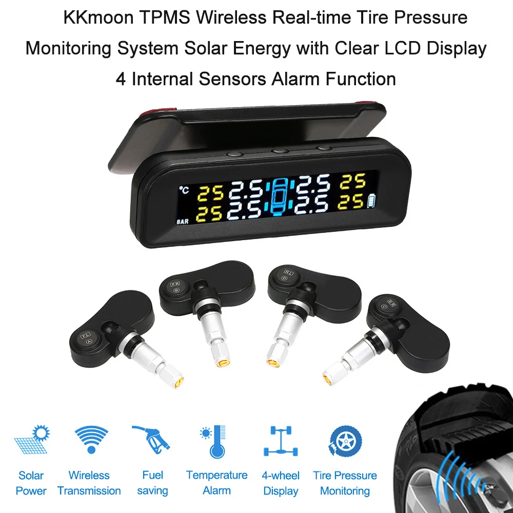 TPMS система контроля давления в шинах Беспроводная в реальном времени солнечная энергия жк-дисплей 4 внешних датчика функция сигнализации