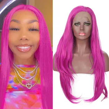 

Charisma Rose Pink Natural Straight Wigs Synthetic Hair Lace Front Wig For Women Side Part Heat Resistant Fiber Hair Cosplay