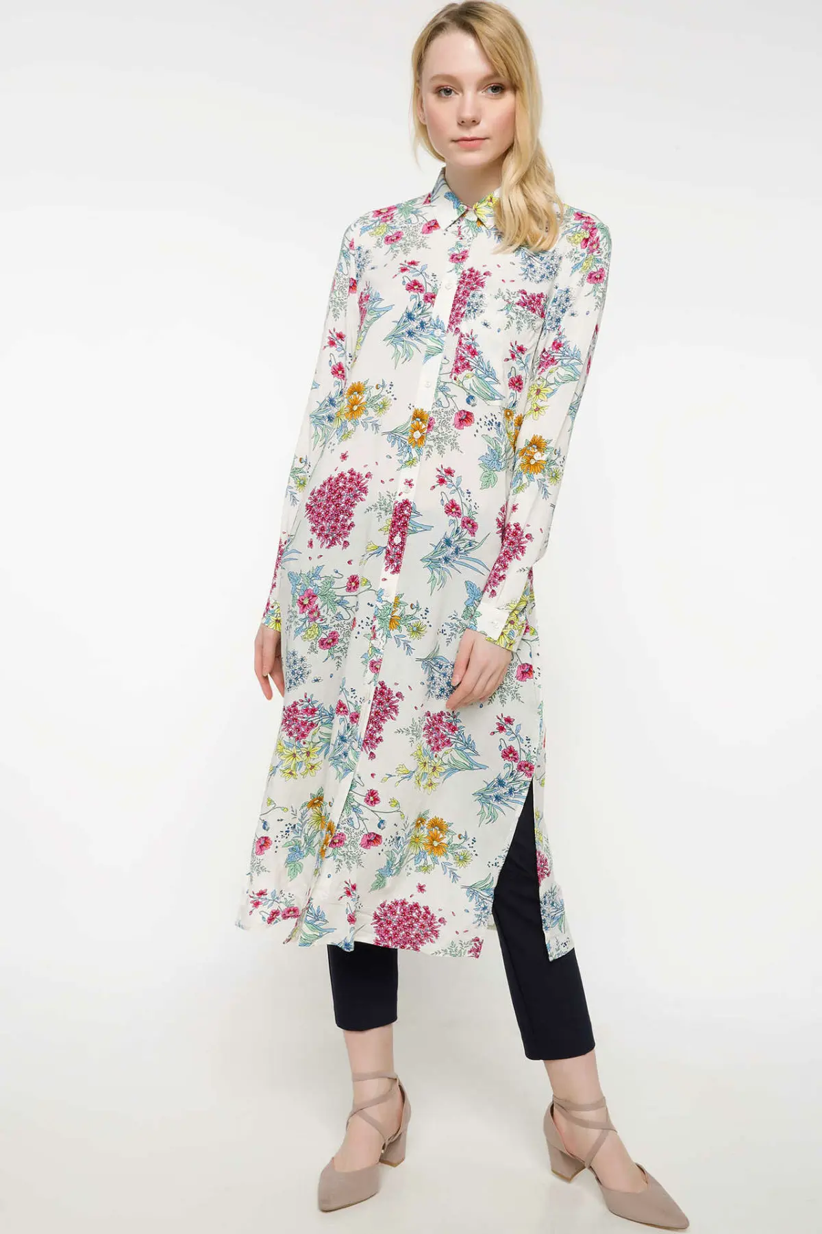 DeFacto Woman Summer Colorful Floral Long Shirts Women Casual Chic Woven Tunic Top Shirts Female Top Shirts-I1702AZ18SM