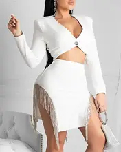 2020 Women Fashion Elegant Plunge Neck Blazer With Side Tassel Sequins Skirt Set Spring Solid Sexy Causal V-Neck Tops & Skirts 2020 Women Fashion Elegant Plunge Neck Blazer With Side Tassel Sequins Skirt Set Spring Solid Sexy Causal V-Neck Tops & Skirts