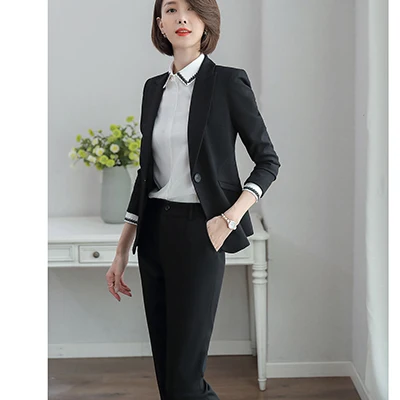 Black Pant Suits Клетчатый брючный костюм для женщин, Офисная Женская рабочая одежда размера плюс, комплект из 2 предметов, Блейзер, куртка с брюками, для интервью, для хоста, деловой Рабочий костюм - Цвет: Black Pant Suits