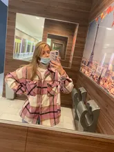 Woolen Coat Shirt Jacket Windbreaker Oversize Plaid Vintage Women Loose Button Winter