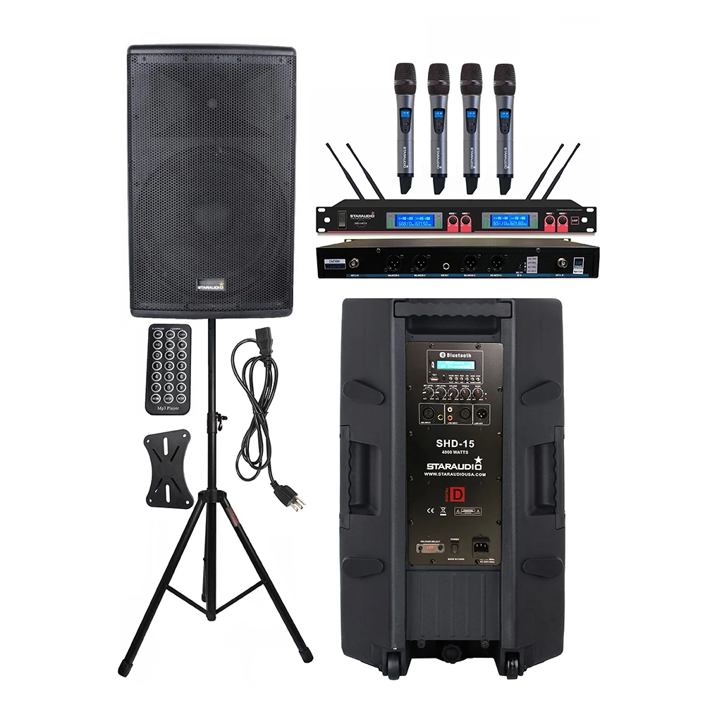 

STARAUDIO 15" 4000W DJ Powered PA Active BT Speaker System DJ Speaker Stand 4CH UHF Handheld Wireless Microphone System SHD-15