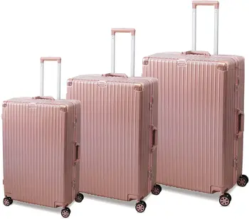 

ORMI Set 3 Trolley In ABS e Alluminio 8 Ruote Con Lucchetto TSA (Rosa)