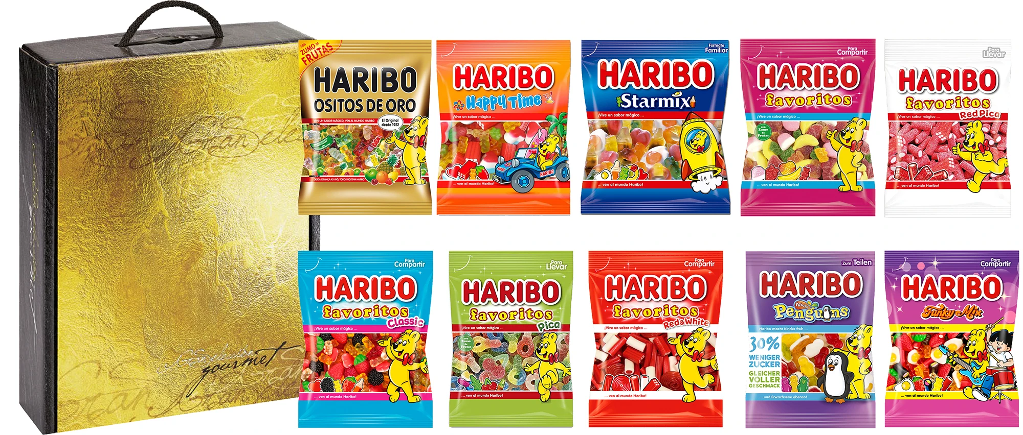 Caja Regalo de Gominolas Haribo Surtidas, Caja Selección con 10 Paquetes de Gominolas Especial Regalo Cumpleaños, Aniversario