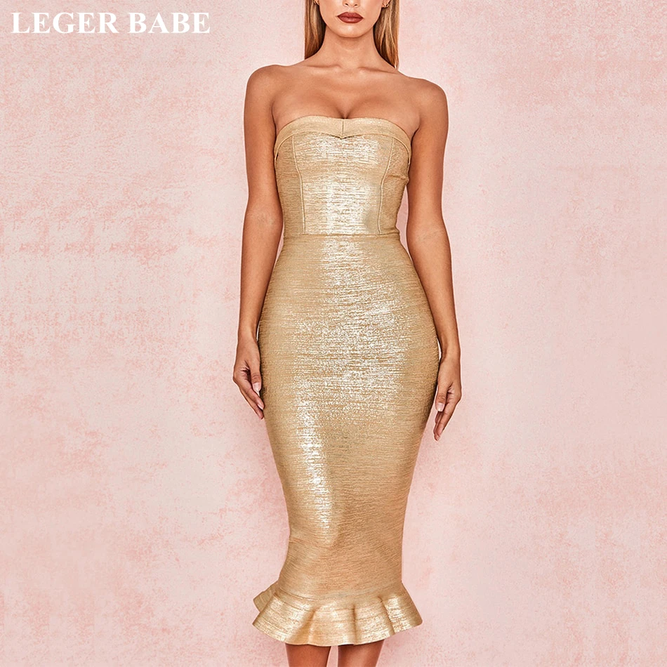 

LEGER BABE Elegant Cocktail Sleeveless Women Vestidos Bodycon Strapless Gold Bandage Dresses Sexy Mid-Calf Celebrity Party Dress