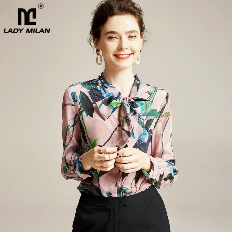100 Pure Silk Women's Runway Shirt Bow Collar Printed Flowers Elegant