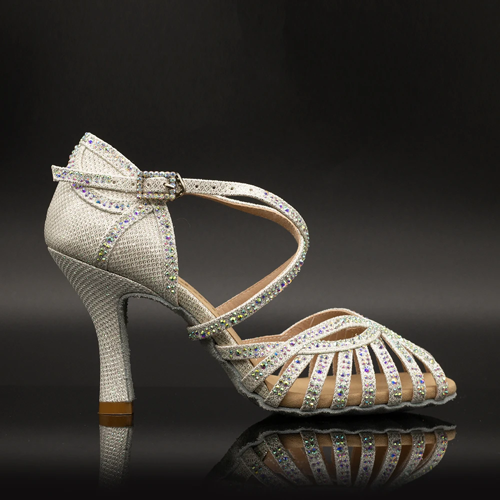 

Suphini【Crush】9 Strap Crystal 8.5cm Flare Heel Latin Sandals
