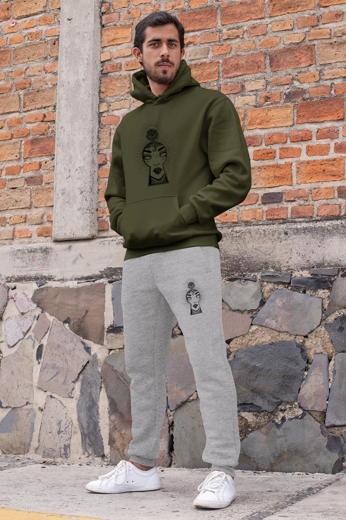 Angemiel Wear Lock Eye Men 'S Tracksuit Set Green Hooded Sweatshirts Gray Sweatpants | Мужская одежда