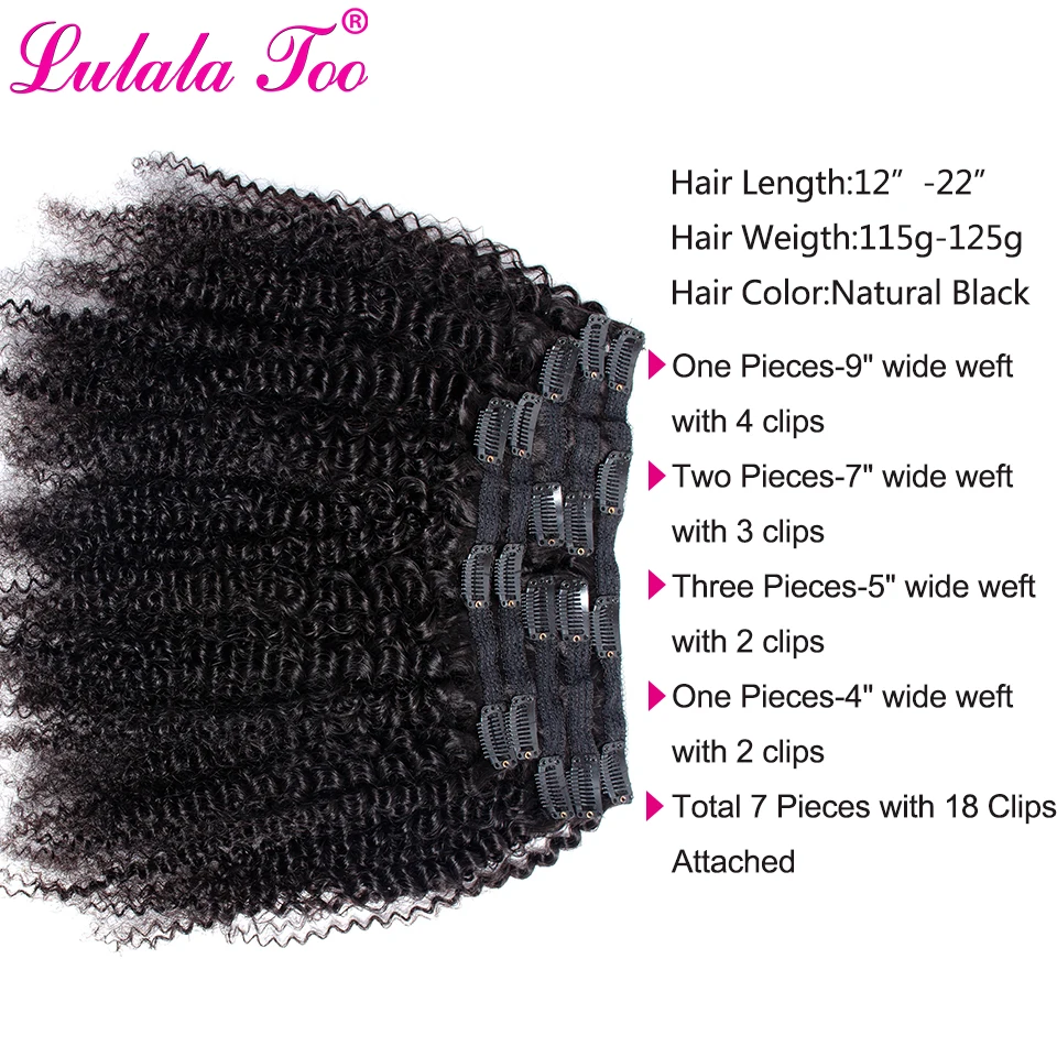 Koop Afro Kinky Krullend Clip In Human Hair Extensions 4B 4C Braziliaanse Remy Haar Natuurlijke Kleur 7 Stks set 120G Voor een Hoofd Lulalatoo