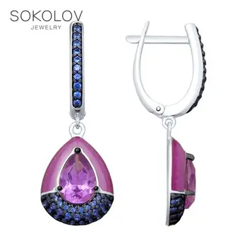 

SOKOLOV drop earrings with stones in silver with enamel and lilac glass-ceramic and cubic zirconia fashion jewelry 925 women's male, long earrings