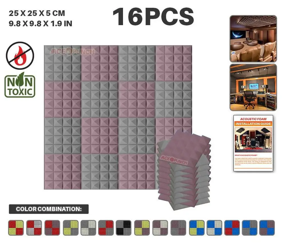 Arrowzoom 16 шт. набор цветов 9," x 9,8" x 1," Пирамида плитка студия Звукопоглощающая Панель акустическая пена AZ1034 - Цвет: Purple and Gray