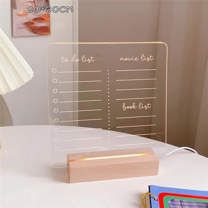 dinosaur light Desktop Transparent Acrylic Daily Note Board Creative Led Night Light USB Message Board Erasable Memo With Wood Stand Holder dinosaur lamp Night Lights