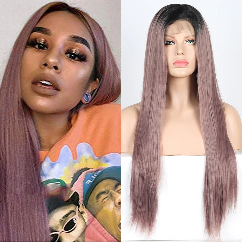Charisma 13×6 Deep Part Black to Ash Pink Long Silky Straight Synthetic Lace Front Wigs Heat Resistant Ombre Wig | Шиньоны и парики