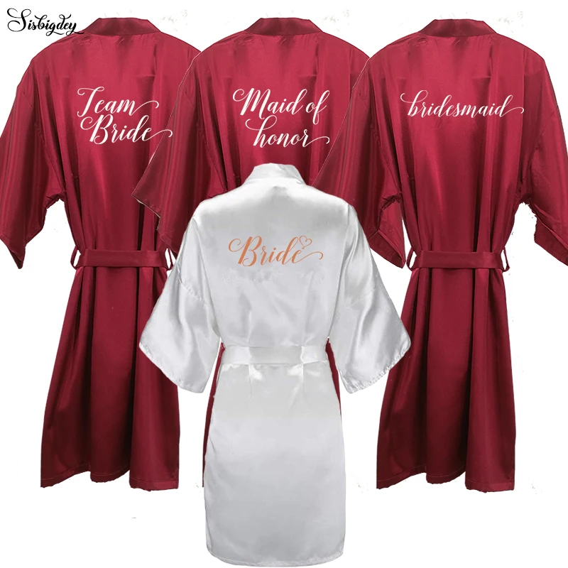 Sisbigdey Burgundy Satin Kimono Robes women short pajamas dressing gown wine red Bridesmaid Gift team bride Bridal Party Robes