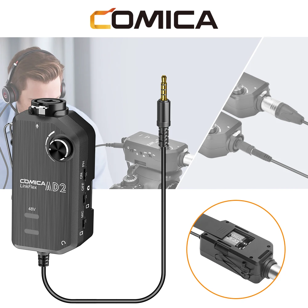 Comica LINKFLEX AD2 Microphone Preamp Amplifier XLR/6.35mm Guitar Interface Adapter for iOS Android Phone DSLR Camera Recording - ANKUX Tech Co., Ltd
