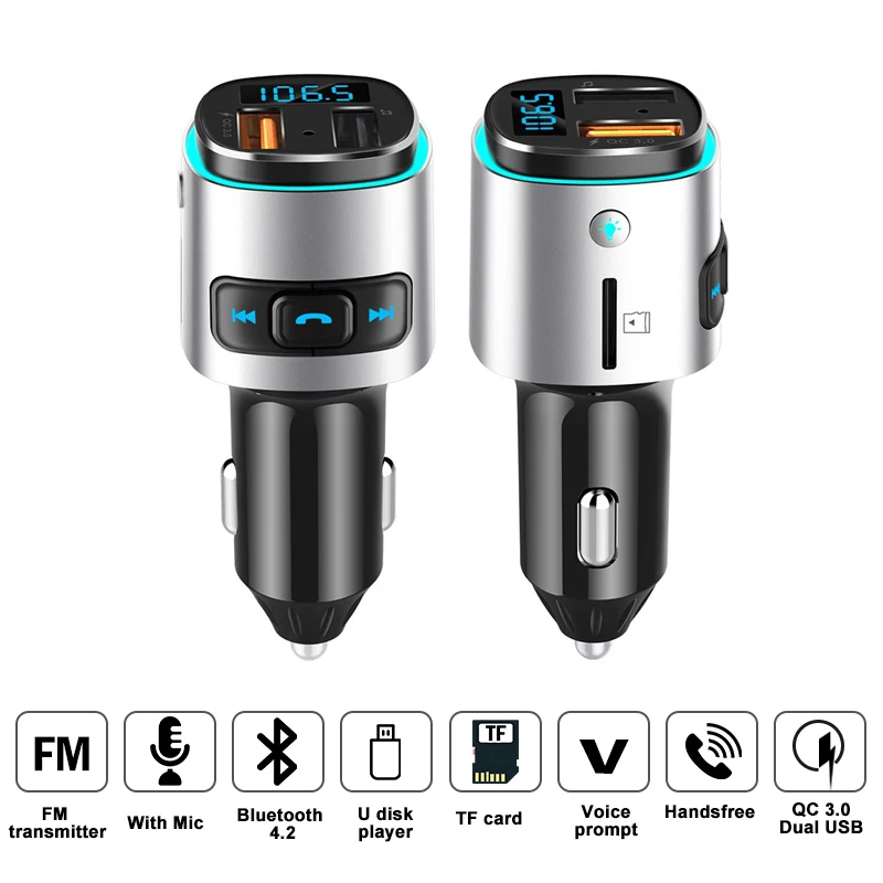 

New Car Kit Hand-free FM Transmitter Bluetooth 4.2 Car FM Modulator QC 3.0 Dual USB Charger TF U Disk MP3 Player Radio Adapter