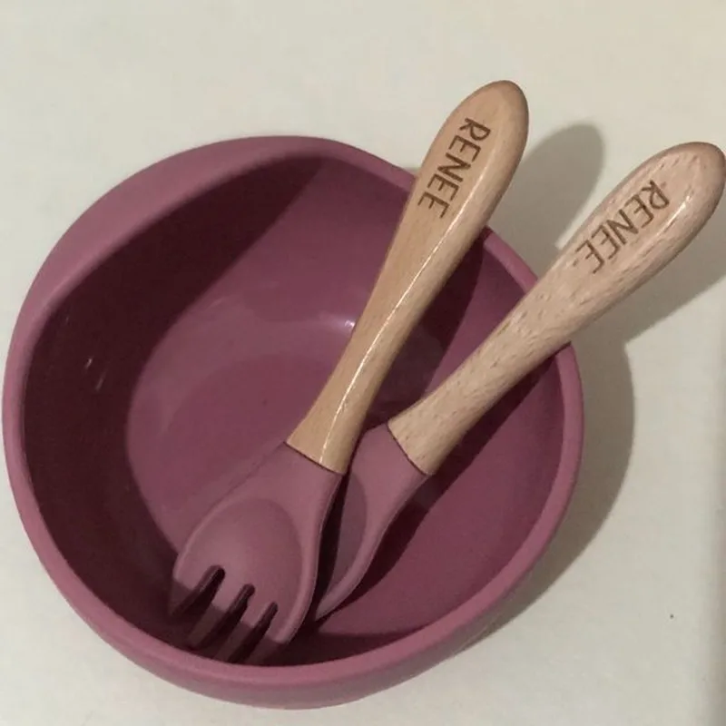 Personalized name Food Grade Baby Feeding Set with Spoon, fork,Silicone Suction Bowls and bib BPA Free - First Stage Self Feed 2